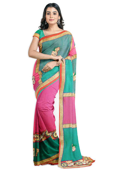 Turquoise Pink Designer Wedding Partywear Pure Georgette Thread Stone Pearl Gota Hand Embroidery Work Bridal Saree Sari With Blouse Piece H244