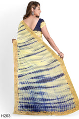 Cream Blue Tie Dye Designer Wedding Partywear Pure Georgette Zari Pearl Hand Embroidery Work Bridal Saree Sari With Blouse Piece H263