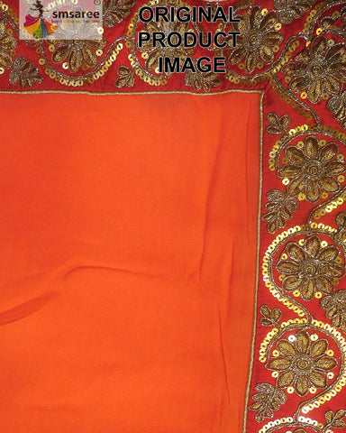 Orange Designer Wedding Partywear Pure Crepe Sequence Zari Hand Embroidery Work Bridal Saree Sari With Blouse Piece H275