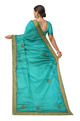 Aqua Blue Designer Wedding Partywear Silk Stone Beads Hand Embroidery Work Bridal Saree Sari With Blouse Piece H301