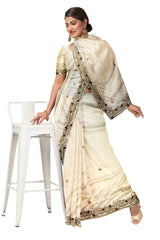 Cream Designer Wedding Partywear Silk Thread Cutdana Stone Bullion Hand Embroidery Work Bridal Saree Sari With Blouse Piece H302