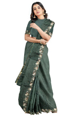 Grey Designer Wedding Partywear Silk Beads Sequence Thread Cutdana Hand Embroidery Work Bridal Saree Sari With Blouse Piece H306