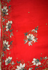 Red Designer Wedding Partywear Silk Beads Sequence Thread Cutdana Hand Embroidery Work Bridal Saree Sari With Blouse Piece H307