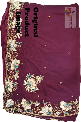 Purple Designer Wedding Partywear Silk Beads Sequence Thread Cutdana Hand Embroidery Work Bridal Saree Sari With Blouse Piece H308
