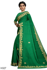 Green Designer Wedding Partywear Chinon Crepe Stone Cutdana Hand Embroidery Work Bridal Saree Sari With Blouse Piece H327