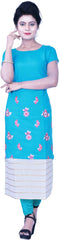 SMSAREE Blue Designer Casual Partywear Pure Cotton Thread & Gota Hand Embroidery Work Stylish Women Kurti Kurta With Free Matching Leggings D515