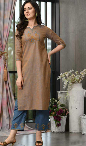 Brown & Blue Cotton Blend Casual Stylish Embroidery Women Long kurti with Straight Pant Set