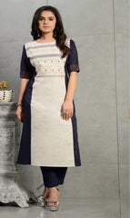 Off White & Blue Cotton Blend Casual Stylish Women Kurti Kurta