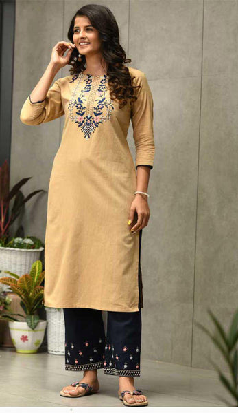Light Yellow & Blue Cotton Blend Casual Stylish Embroidery Women Long kurti with Straight Pant Set