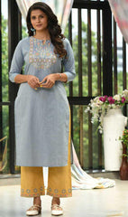 Sky Blue & Light Yellow Cotton Blend Casual Stylish Embroidery Women Long kurti with Straight Pant Set