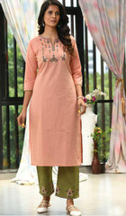 Peach & Light Green Cotton Blend Casual Stylish Embroidery Women Long kurti with Straight Pant Set