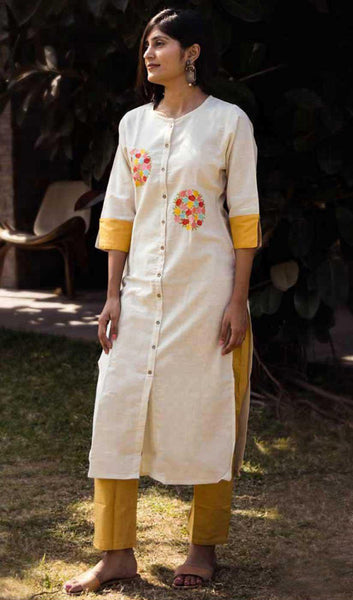 Off White & Yellow Cotton Blend Casual Stylish Women Kurti Kurta