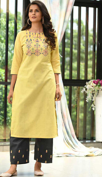 Yellow & Black Cotton Blend Casual Stylish Embroidery Women Long kurti with Straight Pant Set