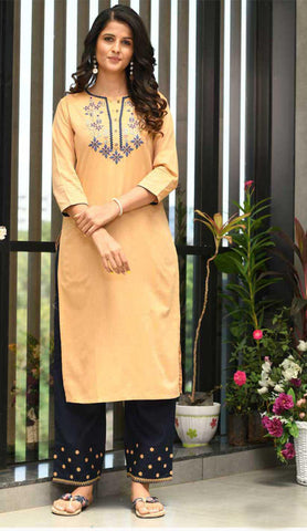 Light Orange & Black Cotton Blend Casual Stylish Embroidery Women Long kurti with Straight Pant Set