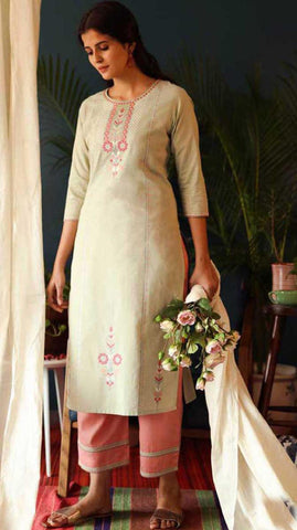 Off White & Peach Cotton Blend Casual Stylish Embroidery Women Long kurti with Straight Pant Set