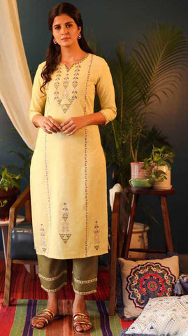 Yellow & Green Cotton Blend Casual Stylish Embroidery Women Long kurti with Straight Pant Set