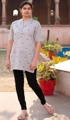 Light Grey Cotton Blend Casual Stylish Embroidery Women Top Tunic