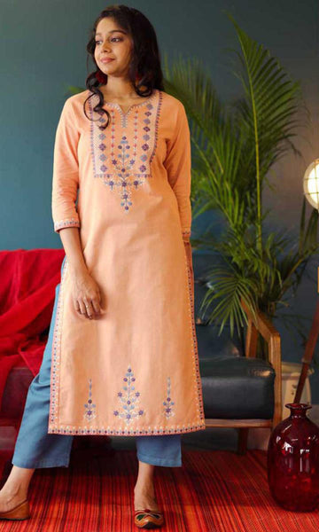 Orange & Blue Cotton Blend Casual Stylish Embroidery Women Long kurti with Straight Pant Set