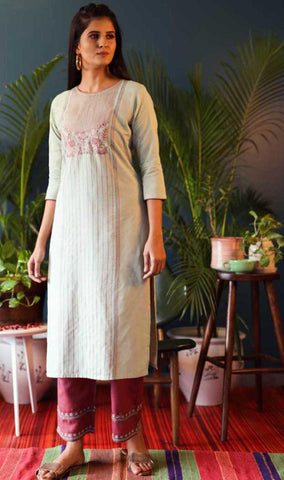 White & Pink Cotton Blend Casual Stylish Embroidery Women Long kurti with Straight Pant Set
