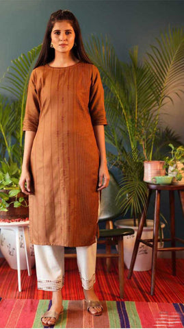 Orange & White Cotton Blend Casual Stylish Embroidery Women Long kurti with Straight Pant Set