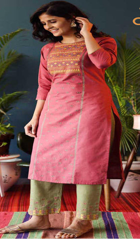 Pink & Light Green Cotton Blend Casual Stylish Embroidery Women Long kurti with Straight Pant Set