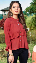 Red Cotton Blend Casual Stylish Embroidery Women Top Tunic