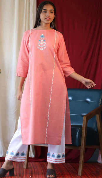Peach & White Cotton Blend Casual Stylish Embroidery Women Long kurti with Straight Pant Set