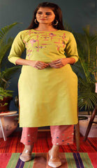 Yellow & Peach Cotton Blend Casual Stylish Embroidery Women Long kurti with Straight Pant Set
