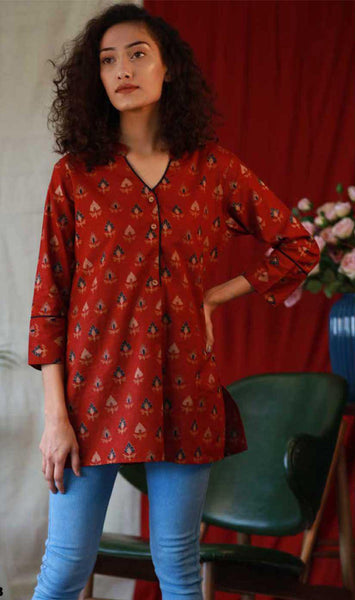 Red Cotton Blend Casual Stylish Embroidery Women Top Tunic