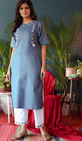 Sky Blue & White Cotton Blend Casual Stylish Embroidery Women Long kurti with Straight Pant Set