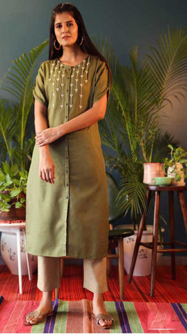 Olive Green & Off White Cotton Blend Casual Stylish Embroidery Women Long kurti with Straight Pant Set