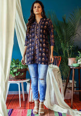 Blue Cotton Blend Casual Stylish Embroidery Women Top Tunic