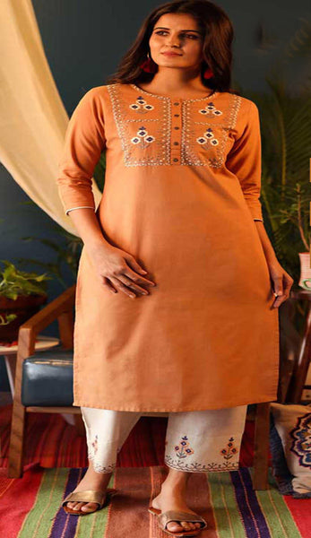 Orange & Off White Cotton Blend Casual Stylish Embroidery Women Long kurti with Straight Pant Set