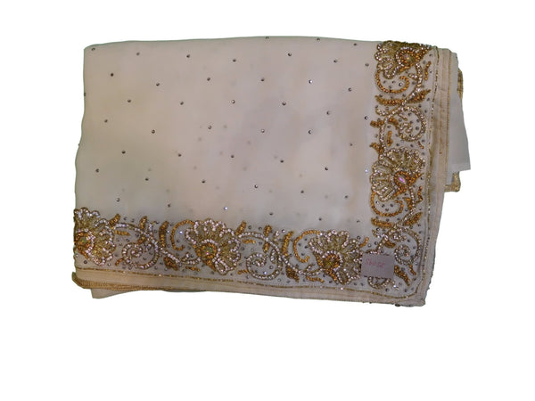 White Designer Gerogette (Synthetic) Hand Embroidery Stone Border Sari Saree