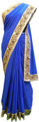 Blue Designer Georgette (Viscos) Hand Embroidery Stone Zari Pearl Thread Work Sari Saree