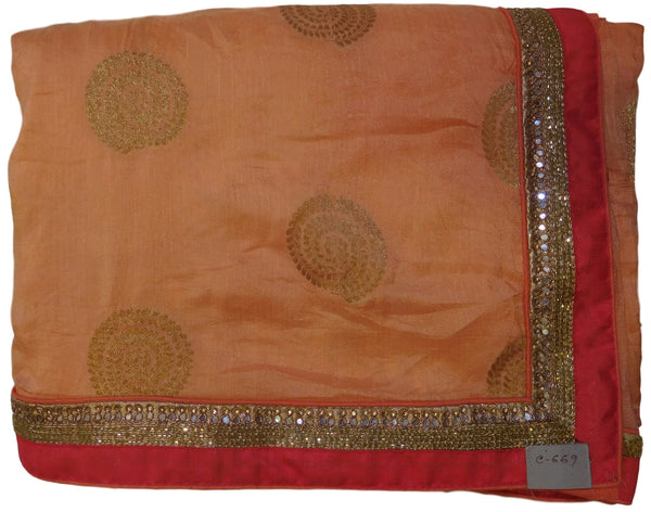 Peach Designer Silk & Crepe (Chinon) Hand Embroidery Zari Thread Bullion Pearl Cutdana Stone Work Saree Sari