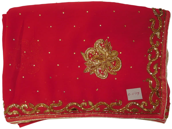 Red Designer Georgette Hand Embroidery Cutdana Thread Stone Work Saree Sari
