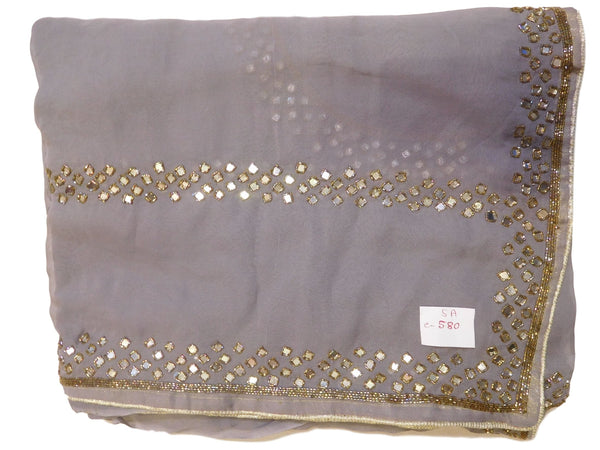 Grey Designer Georgette (Viscos) Hand Embroidery Mirror & Cutdana Work Saree Sari