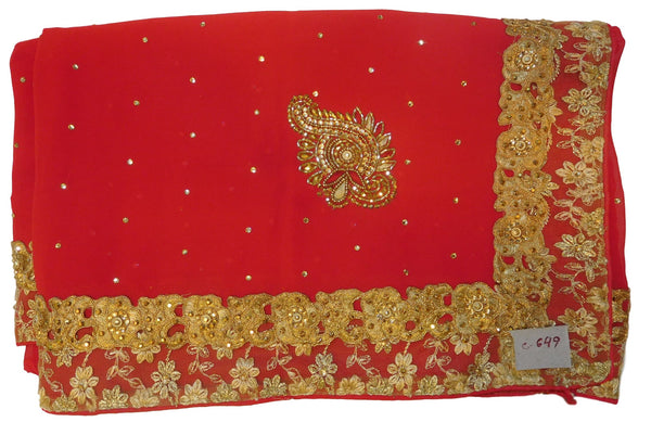 Red Designer Georgette Hand Embroidery Cutdana Thread Zari Stone Work Saree Sari