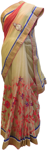 Cream & Red Designer Georgette (Viscos) & Net Hand Embroidery Work Half Half Saree Sari