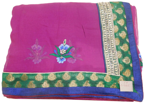 Wine Designer Georgette (Viscos) Hand Embroidery Zari Pearl Stone Thread Bullion Work Saree Sari