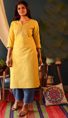 Yellow & Blue Cotton Blend Casual Stylish Embroidery Women Long kurti with Straight Pant Set