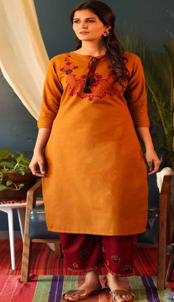 Orange & Red Cotton Blend Casual Stylish Embroidery Women Long kurti with Straight Pant Set