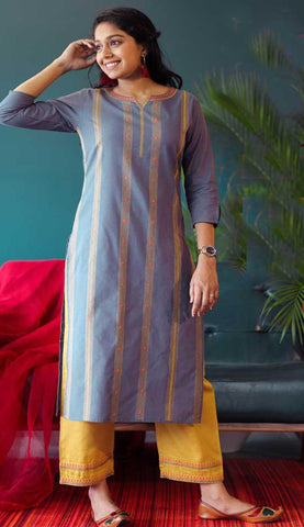 Light Violet & Yellow Cotton Blend Casual Stylish Embroidery Women Long kurti with Straight Pant Set