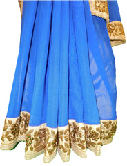 Blue Designer Georgette (Viscos) Hand Embroidery Stone Zari Pearl Thread Work Sari Saree