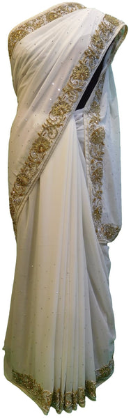 White Designer Gerogette (Synthetic) Hand Embroidery Stone Border Sari Saree