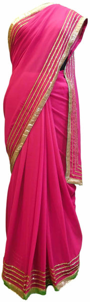Pink Designer Georgette Sari Zari, Cutdana Thread Embroidery Work Saree
