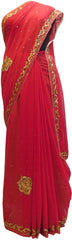 Red Designer Georgette Hand Embroidery Cutdana Thread Stone Work Saree Sari