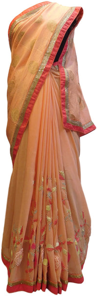 Peach Designer Silk & Crepe (Chinon) Hand Embroidery Zari Thread Bullion Pearl Cutdana Stone Work Saree Sari