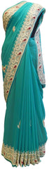 Turquoise Designer Georgette Hand Embroidery Pearl Beads Stone Bullion Work Saree Sari With Stylish Stitched Blouse